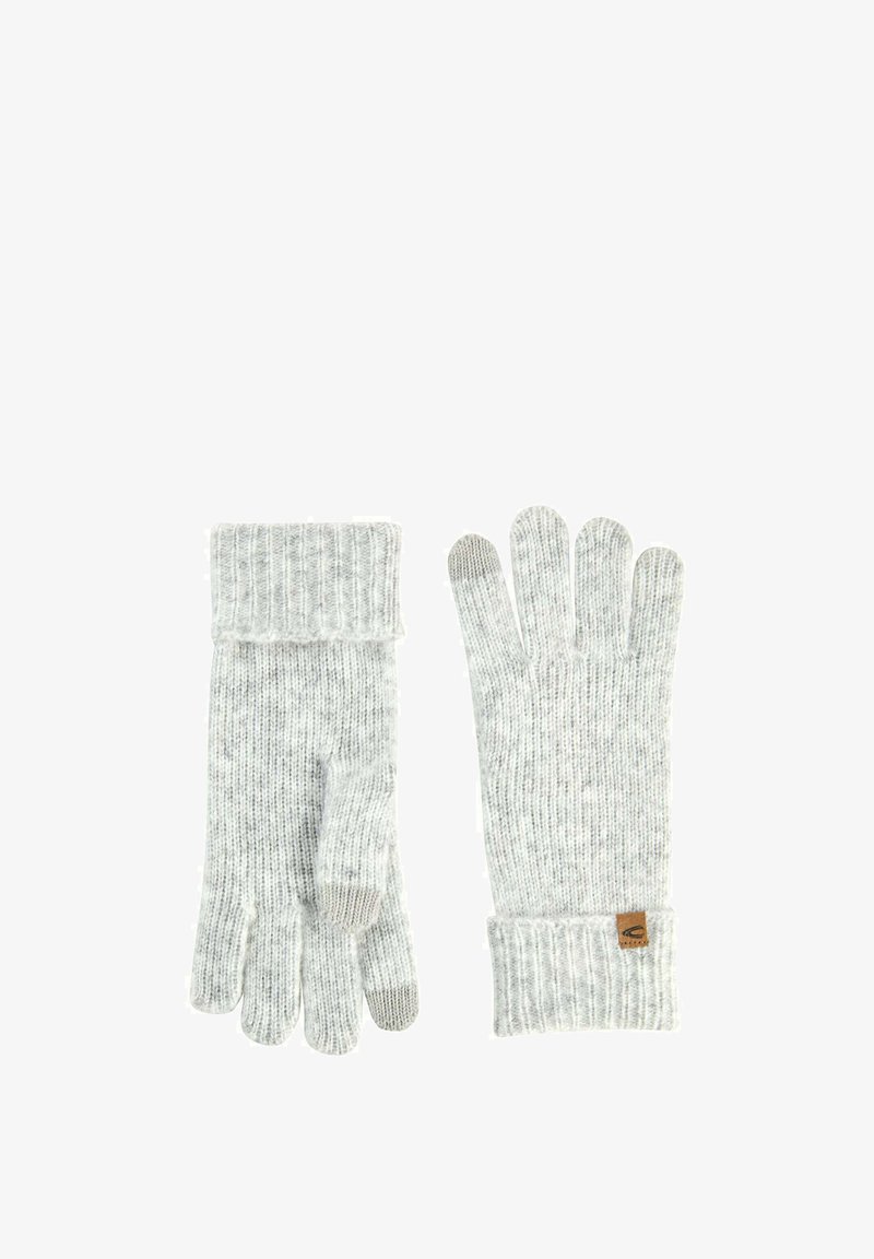 Gants tricotés gris avec des poignets côtelés, présentant un motif texturé et un petit écusson logo au niveau du poignet.