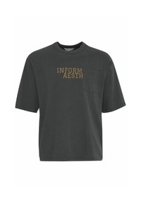 Tamno sivi overzized T-shirt od pamuka, s kratkim rukavima, okruglim izrezom i prednjim džepom s natpisom "INFORM AESTH" ispisanom zlatno.