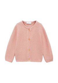 Svijetloružičasti pleteni kardigan s okruglim izrezom, dugim rukavima i pet drvenih gumba sprijeda. Teksturirani uzorak po cijeloj površini.