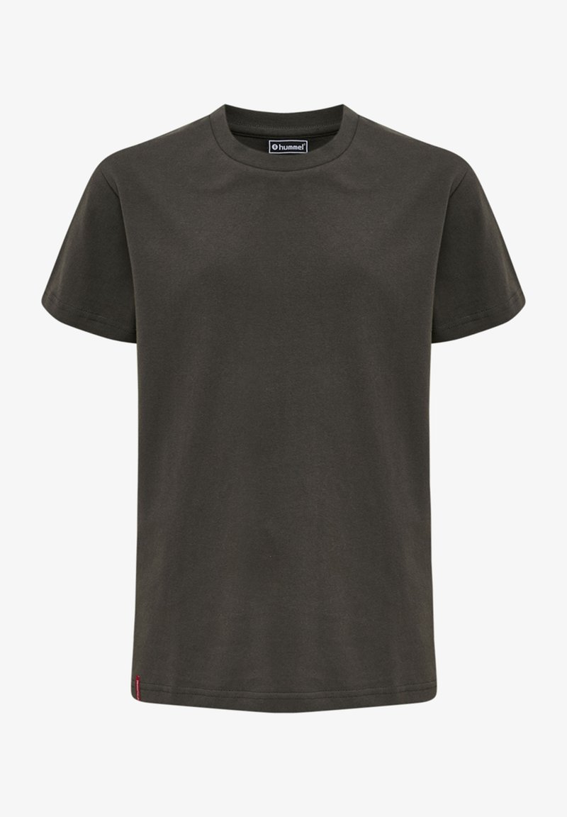 Dunkelgrünes T-Shirt mit kurzen Ärmeln aus einfarbigem Baumwollstoff. Mit Rundhalsausschnitt und einem kleinen Logo-Label auf der unteren linken Seite.