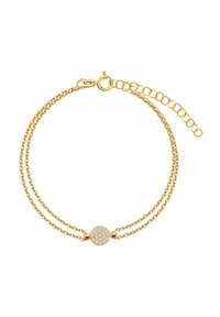 Złoty podwójny łańcuszek bransoletka z okrągłym, błyszczącym akcentem kamienia szlachetnego na środku. Posiada bezpieczne zapięcie i regulowaną długość.