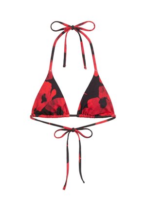 Haut de bikini triangle floral rouge et noir avec col halter et fermeture à nouer au dos et bande inférieure.