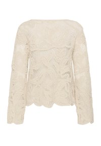 Cream lace long-sleeve blouse with scalloped hem and intricate floral crochet pattern, displayed from the back on a white background.