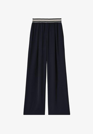 Navy wide-leg trousers with an elastic waistband featuring a gray and white striped accent. Smooth fabric, two side pockets.