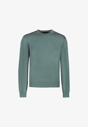 Lichtgroene trui van gladde stof. Heeft een ronde halslijn, lange mouwen, geribde manchetten en zoom, met subtiele stiksel details.