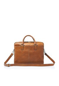 Brown leather briefcase with a smooth texture, featuring two top handles, a detachable shoulder strap, and a zippered closure.