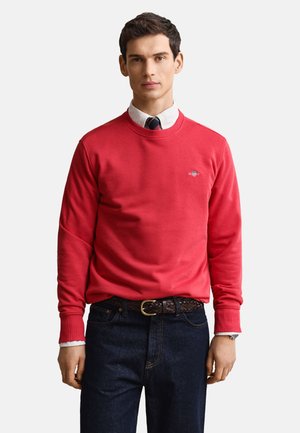 Man wearing red sweatshirt over white collared shirt with black and white tie, dark jeans, and braided brown belt, standing against plain background.