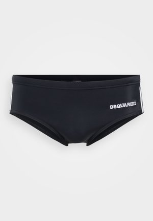 Schwarze Herren-Badebriefe mit weißen Seitenstreifen und dem "DSQUARED2"-Logo auf der rechten Vorderseite vor einem schlichten Hintergrund.