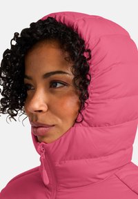 Rosa Pufferjacke mit hohem Kragen und Kapuze. Gestepptes Design mit Reißverschluss vorne. Weicher, leichter Stoff.