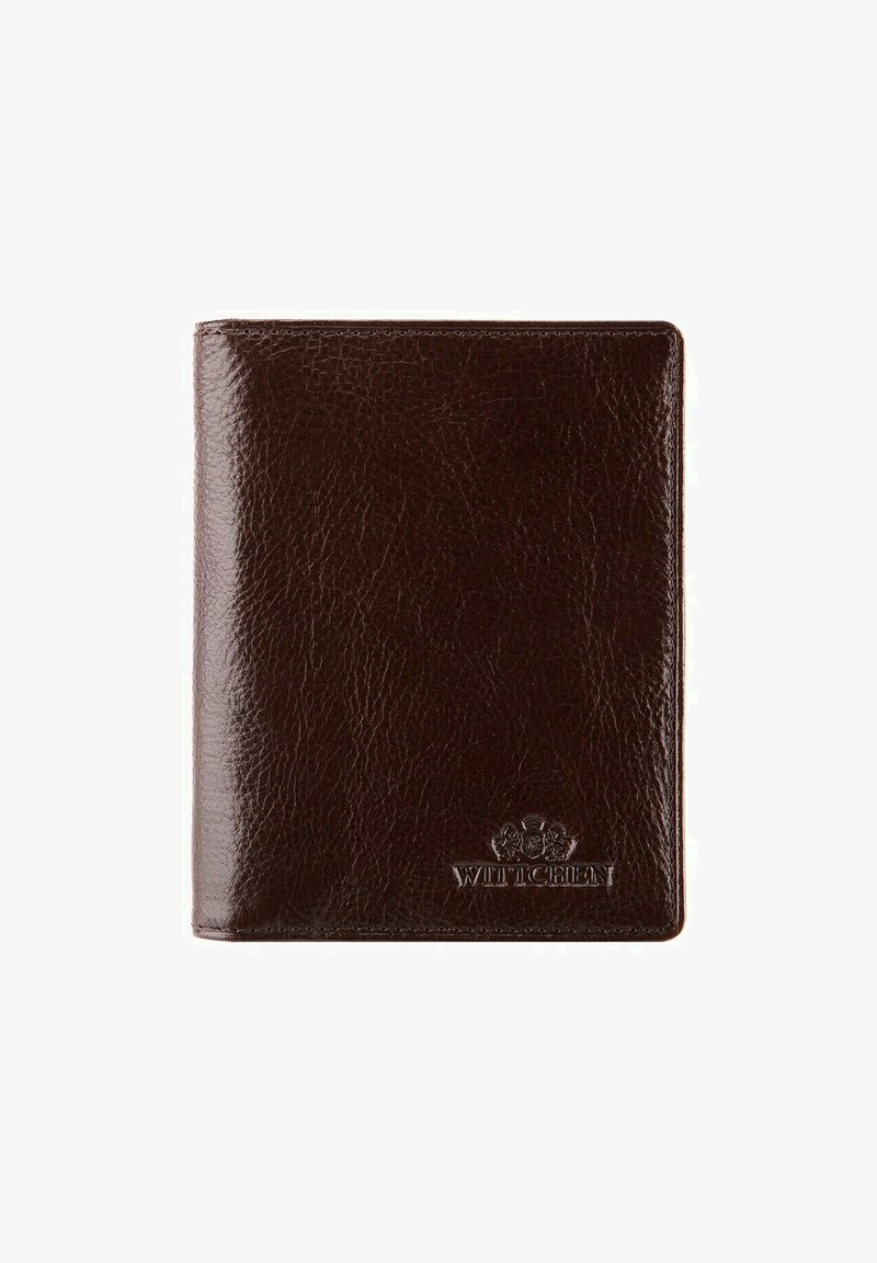 Portefeuille en cuir marron avec une texture, comportant un logo en relief subtil en bas. Design compact et rectangulaire.