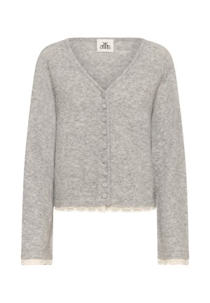 Helehallikas hall karvane kardigan V-kaelusega, ees kangaga kaetud nööpidega ning valge pitsiga ääristatud varrukate ja ääre juures.