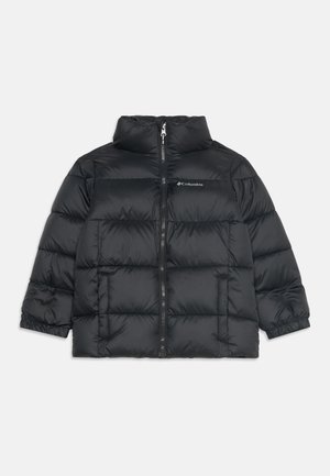 Veste matelassée noire avec fermeture éclair devant, col montant, poignets élastiques, deux poches avant et logo Columbia sur la poitrine.