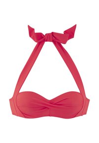 Bikini gornji dio u koraljno ružičastoj boji s halter vratnim dizajnom. Glatka tkanina, uvijen detalj sprijeda i podesive vrpce na vratu i leđima.