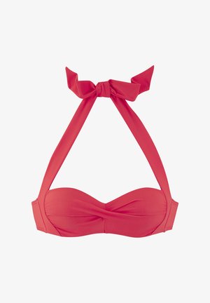 Korallenfarbener Bikini-Oberteil mit Halterneck-Design. Glatter Stoff, verdrehte Vorderseite und verstellbare Bänder am Hals und Rücken.