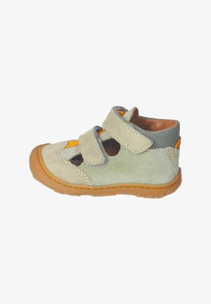 Children's sandal featuring light grey suede material, open design, Velcro straps, orange accents, and a brown rubber sole with textured grip.