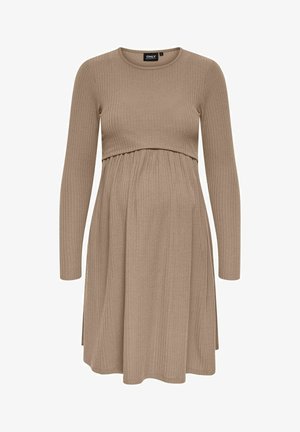 Vestito premaman beige a coste con maniche lunghe, arricciato sotto il seno e gonna fluida. Tessuto liscio e vestibilità comoda.