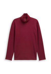 Burgunderfarbene Langarm-Turtleneck-Bluse mit einem lockeren Schnitt, flach auf einem weißen Hintergrund präsentiert.