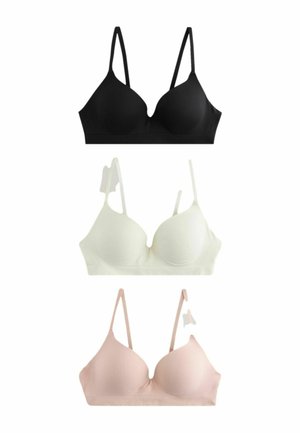 Tri brezžične nedrčke v črni, beli in svetlo rožnati barvi, vsak z nastavljivimi naramnicami in oblikovanimi košaricami, prikazani na belem ozadju.