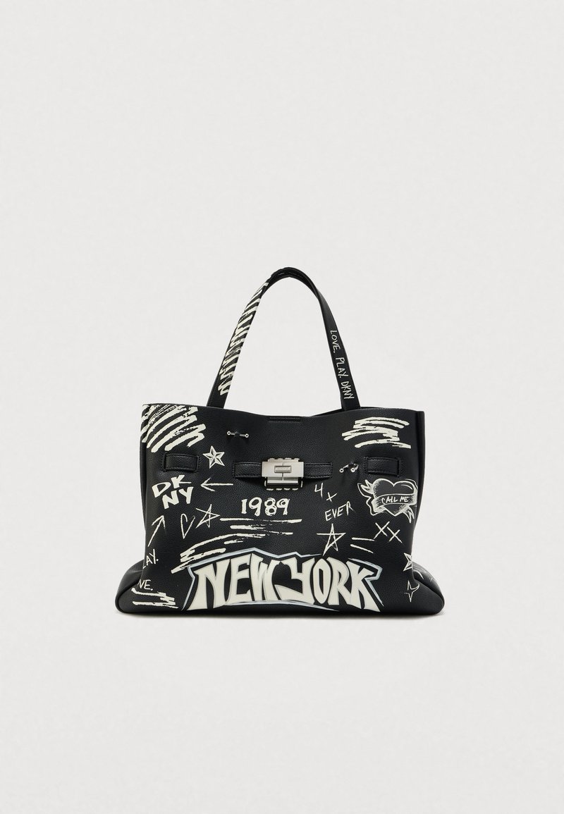Fekete bevásárlótáska fehér graffiti stílusú felirattal, rajta "NEW YORK", csillagok, valamint ezüst színű, fémből készült kapocs. Texturált felület és masszív pántok.
