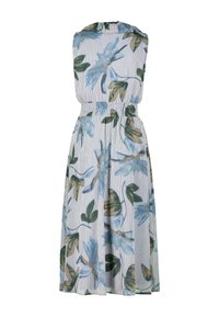 Blumenkleid mit blauen und grünen Motiven auf einem hellen gestreiften Hintergrund. Verfügt über einen gerafften Taillenbund und ein ärmelloses Design.