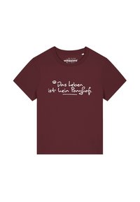 Bordeauxrotes Baumwoll-T-Shirt mit rundem Ausschnitt und kurzen Ärmeln, mit weißem Text: "Das Leben ist kein Ponyhof."