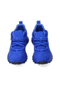 Niebieskie sportowe buty wykonane z zamszu, z teksturowanymi sznurówkami i wyściełanym kołnierzem. Posiadają czarną gumową podeszwę dla lepszej przyczepności.