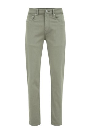 Khaki-colored jeans made of cotton blend, featuring a straight leg design, five pockets, and a button fly closure. Smooth texture.