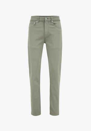 Jeans de culoare khaki, confecționate dintr-un amestec de bumbac, având un design cu picioare drept, cinci buzunare și închidere cu nasture. Textură netedă.