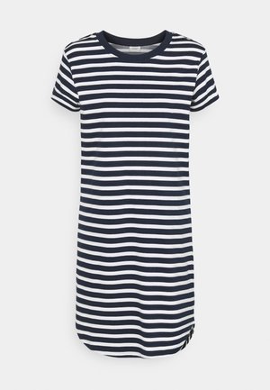 Navyblauw-wit gestreepte T-shirt jurk met korte mouwen, ronde halslijn en een afgeronde zoom. Gemaakt van zachte, rekbare stof.