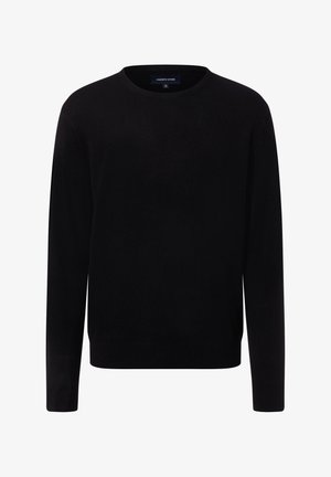 Schwarzer Strickpullover mit Rundhalsausschnitt und langen Ärmeln. Glatte Textur, schlichtes Design und keine sichtbaren Muster oder Akzente.