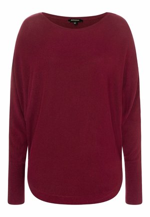 Pull en maille bordeaux avec un large col, des manches longues et une coupe décontractée. La texture est lisse avec un motif subtil. Ourlet arrondi en bas.