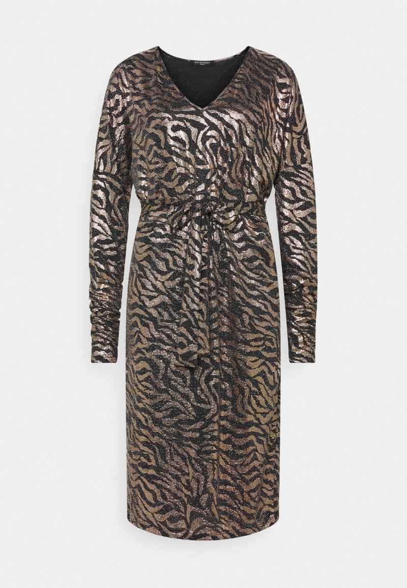 Shimmering dress with long sleeves, V-neck, tie waist, and a black and gold zebra stripe pattern made from a textured, metallic fabric.