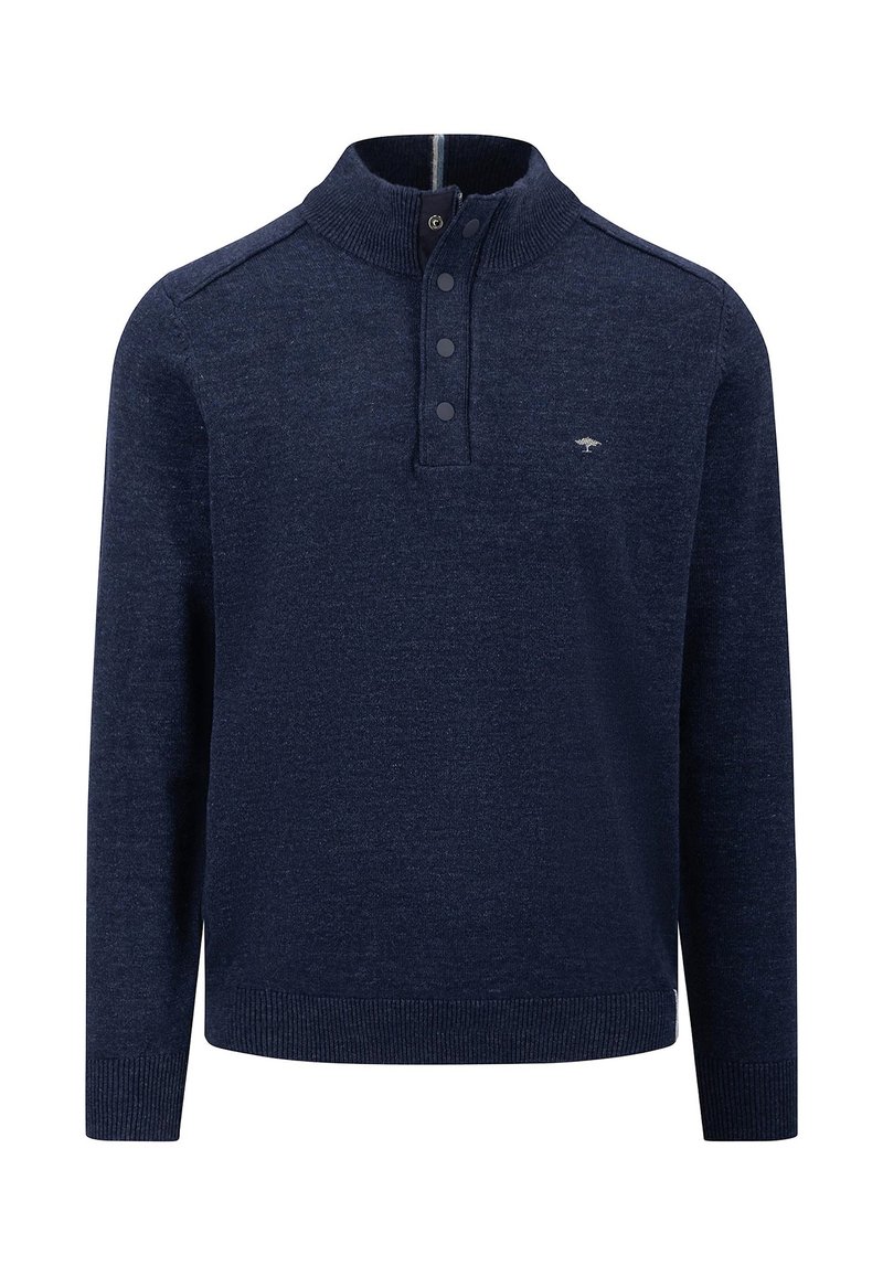 Maglione a maglia blu navy con colletto alto, quattro bottoni e un logo discreto sul petto. Caratterizzato da maniche lunghe e orlo a coste.