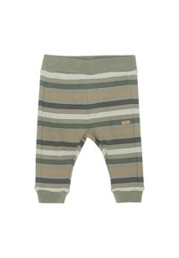 Gestreepte babybroek in lichtgroen, met horizontale strepen in donkergroen, beige en zwart. Zachte ribbelstructuur met een elastische tailleband.