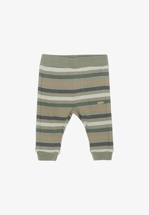 Pantalon pour bébé rayé en vert clair, présentant des rayures horizontales en vert foncé, beige et noir. Texture côtelée douce avec une taille élastique.