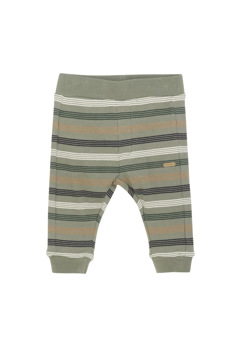Gestreepte babybroek in lichtgroen, met horizontale strepen in donkergroen, beige en zwart. Zachte ribbelstructuur met een elastische tailleband.
