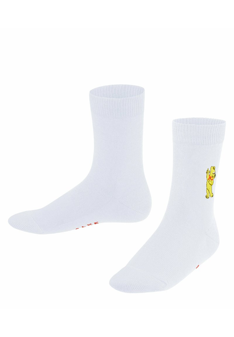 Weiße Baumwollsocken mit gerippten Bündchen, einem auf der Seite gestickten gelben Cartoon-Charakter und einem roten Markennamen auf der Sohle.