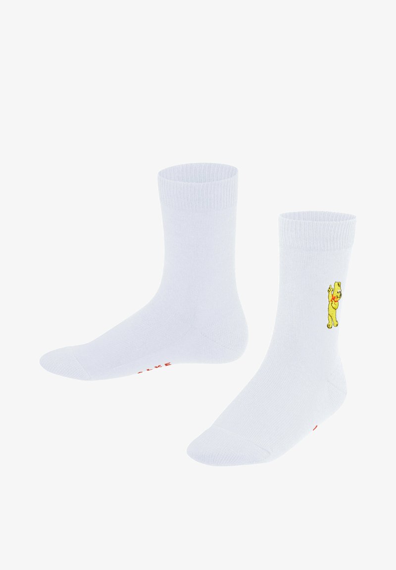 Weiße Baumwollsocken mit gerippten Bündchen, einem auf der Seite gestickten gelben Cartoon-Charakter und einem roten Markennamen auf der Sohle.