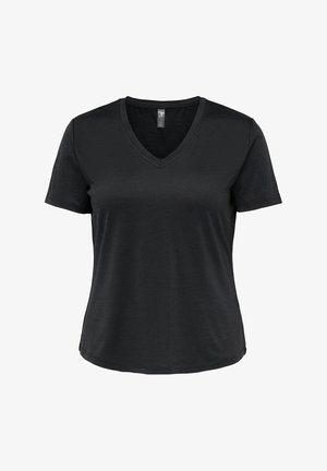 Czarny T-shirt z krótkim rękawem i dekoltem w serek, wykonany z gładkiej tkaniny, o luźnym kroju i jednolitym wzorze, bez widocznych wzorów czy akcentów.