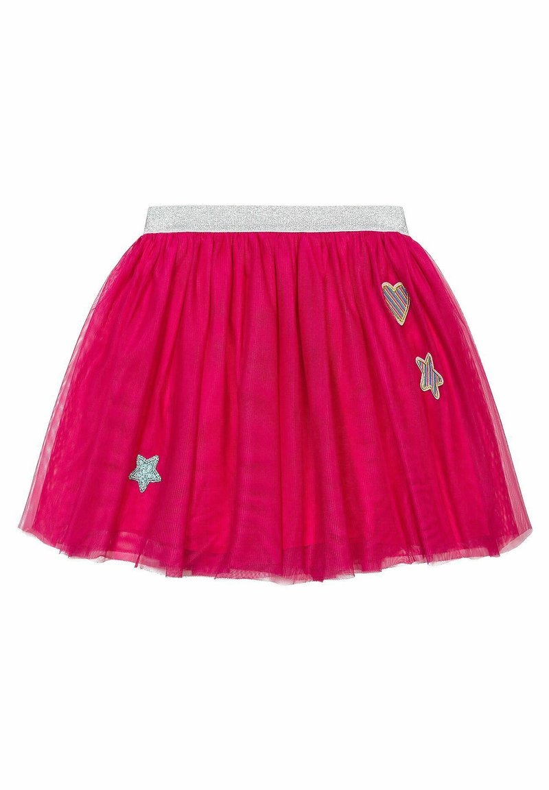 Jupe en tulle rose vif avec taille élastique argentée, décorée de patchs en forme de cœur rayé et d'étoiles sur la droite et d'un patch étoile argenté sur la gauche.