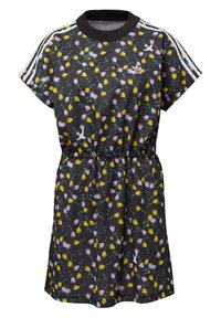 Krátký černý šaty s květinovým vzorem v žluté a fialové barvě. Má kulatý výstřih, elastický pas a bílé pruhy na rukávech.