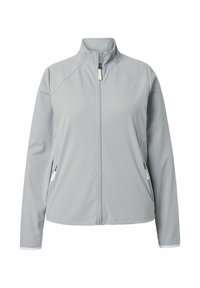 Lysegrå lynlåstrøje med lange ærmer, høj krave og lynlåslommer i siderne, vist mod en hvid baggrund.