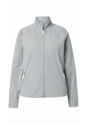 Giacca grigio chiaro con cerniera, maniche lunghe, colletto alto e tasche laterali con zip, mostrata su sfondo bianco.