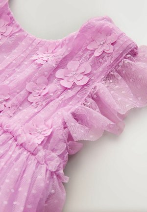 Pink tulle dress with ruffled sleeves, dotted texture, and decorative floral appliqués. Features a gathered waist for fit.