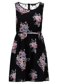 Černé květinové šaty bez rukávů, s krajkovým výstřihem, vícebarevnými květinovými vzory a vázankou v pase.