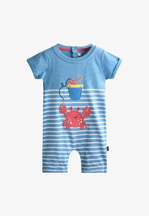 Blue baby romper with white horizontal stripes, featuring a red crab, a blue bucket, a starfish, and a yellow shovel on the front.