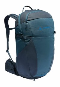 Rucksack in einem Teal- und Dunkelblau-Farbschema, aus strukturiertem Stoff. Verfügt über verstellbare Träger, Reißverschlüsse und eine Netz-Tasche.