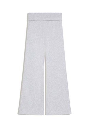 Light gray wide-leg pants with a high folded waistband, made of soft fabric, laid flat on a white background.