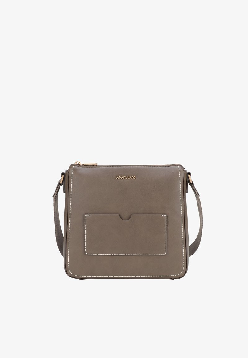 Borsa a tracolla in pelle grigia con chiusura a zip, tasca anteriore, cuciture bianche e tracolla regolabile. Design rettangolare elegante. Dettagli in metallo dorato.