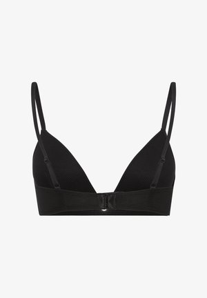 Black triangular bralette made of ribbed fabric, featuring adjustable straps and a hook-and-eye closure at the back. Textured detail present.
